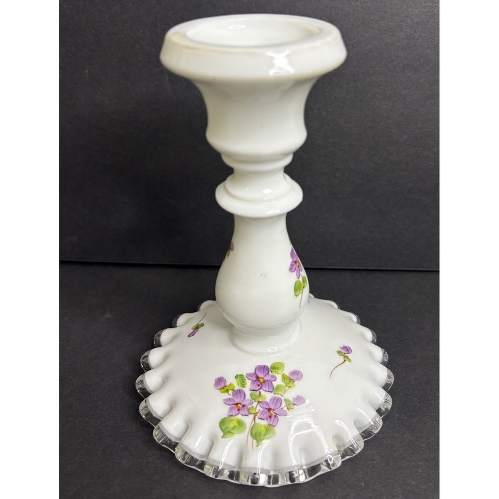 Fenton Silver Crest Violets in The Snow Single Candlestick Milk Glass Vintage